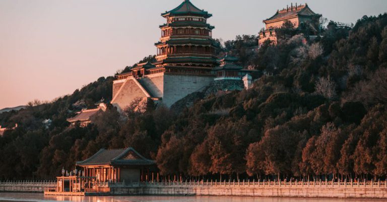 Historic Buildings - Foxiang Ge Tower on Hill above Lake Shore in Beijing, China