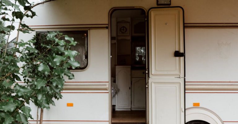 Caravan Parks - A Skateboard on Wooden Deck Near a White Caravan