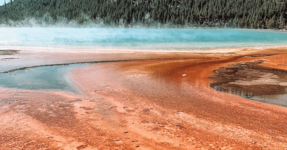 Geothermal Areas - Geothermal spring on sandy terrain near fir forest on sunny day